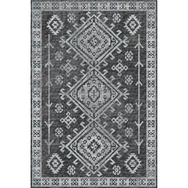 8' X 10' Graphite And Charcoal Geometric Washable Area Rug With UV Protection