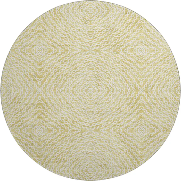 8' Gold And Ivory Geometric Washable Round Rug With UV Protection