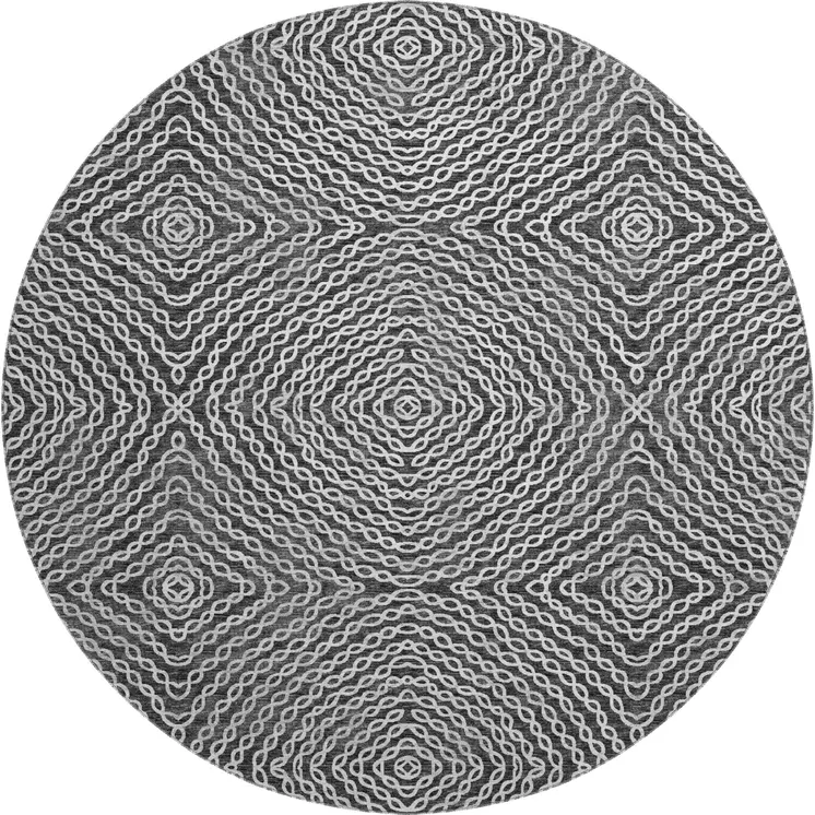 8' Graphite And Ivory Geometric Washable Round Rug With UV Protection