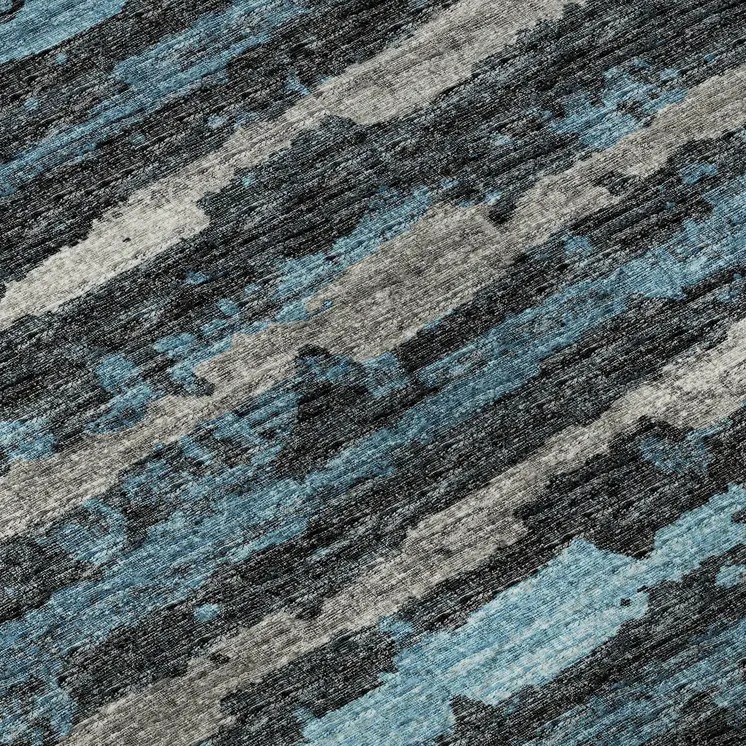 3' X 5' Persian Blue And Charcoal Striped Washable Area Rug With UV Protection