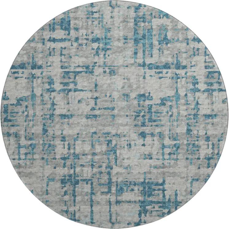 8' Persian Blue And Gray Abstract Washable Round Rug With UV Protection