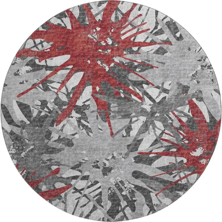 8' Red Charcoal And Gray Abstract Washable Round Rug With UV Protection