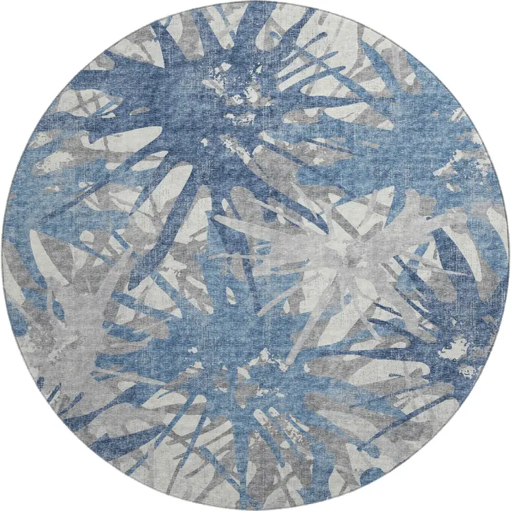 8' Blue Ivory And Gray Abstract Washable Round Rug With UV Protection