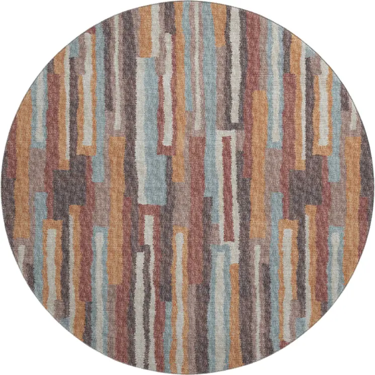 8' Rust Brown And Blue Abstract Washable Round Rug With UV Protection