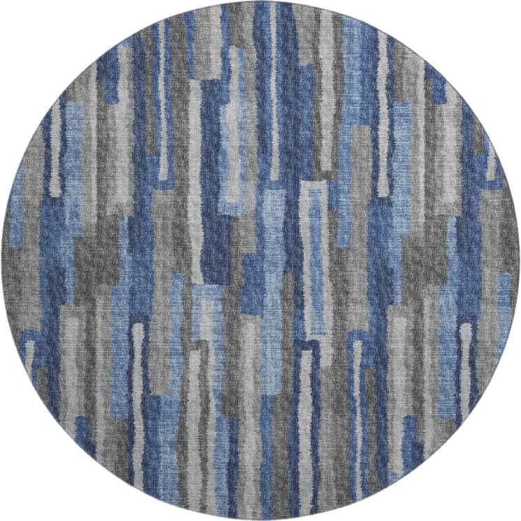 8' Blue Ivory And Gray Abstract Washable Round Rug With UV Protection