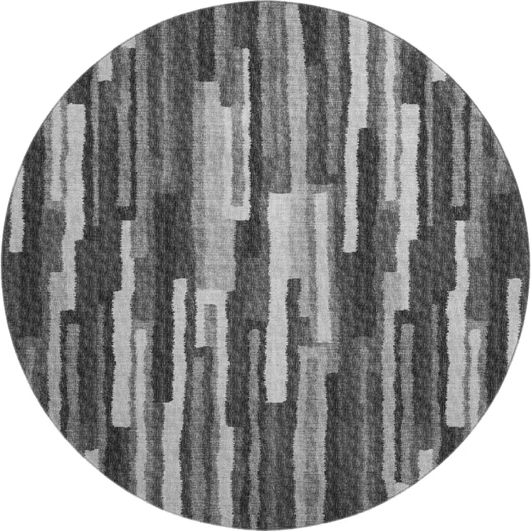 8' Graphite And Ivory Abstract Washable Round Rug With UV Protection