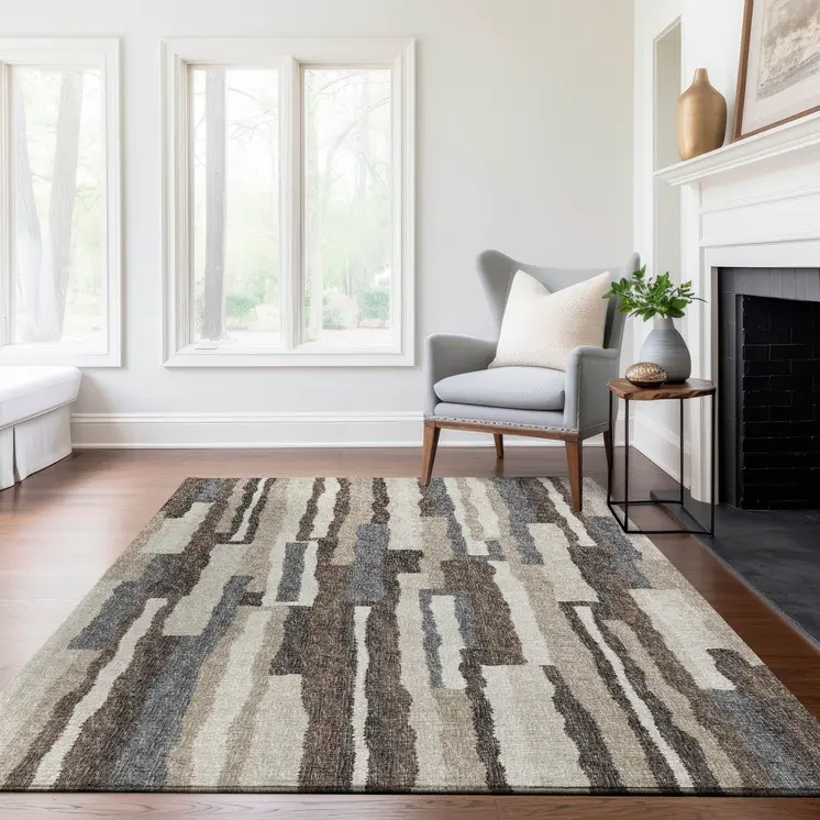 3' X 5' Brown Ivory And Gray Abstract Washable Area Rug With UV Protection