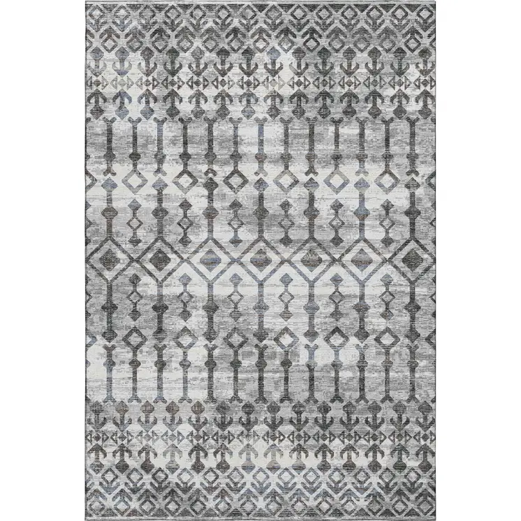 3' X 5' Ash Gray And Ivory Tribal Washable Area Rug With UV Protection