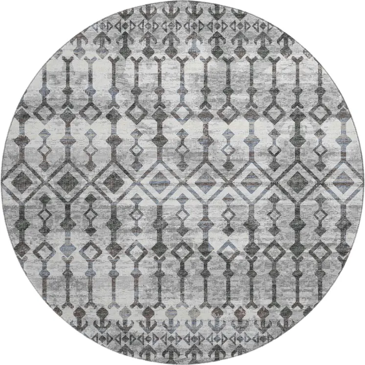 8' Ash Gray And Ivory Tribal Washable Round Rug With UV Protection