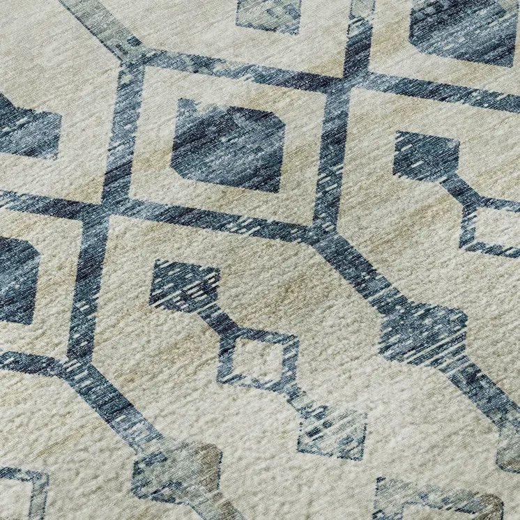 5' X 8' Ivory And Blue Tribal Washable Area Rug With UV Protection