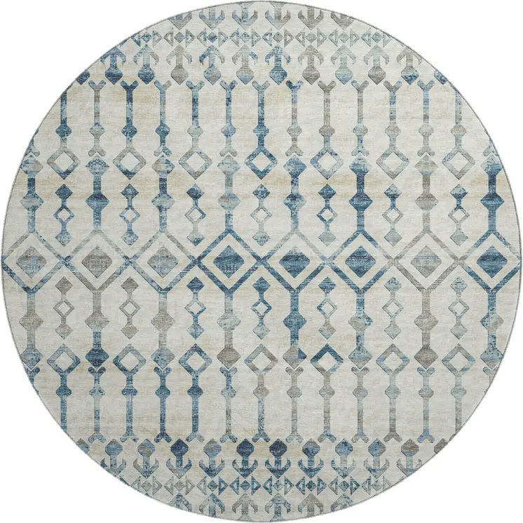 8' Ivory And Blue Tribal Washable Round Rug With UV Protection