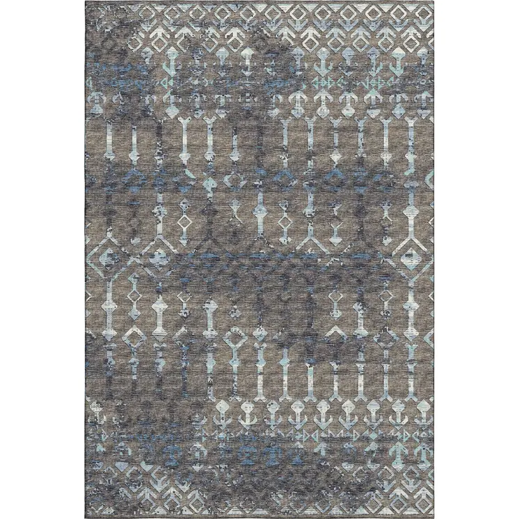 5' X 8' Burnished Brown And Blue Tribal Washable Area Rug With UV Protection