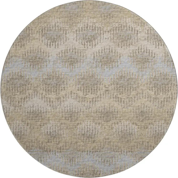 8' Brown Ivory And Sky Blue Abstract Washable Round Rug With UV Protection
