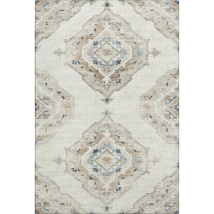3' X 5' Linen Ivory And Blue Tribal Washable Area Rug With UV Protection