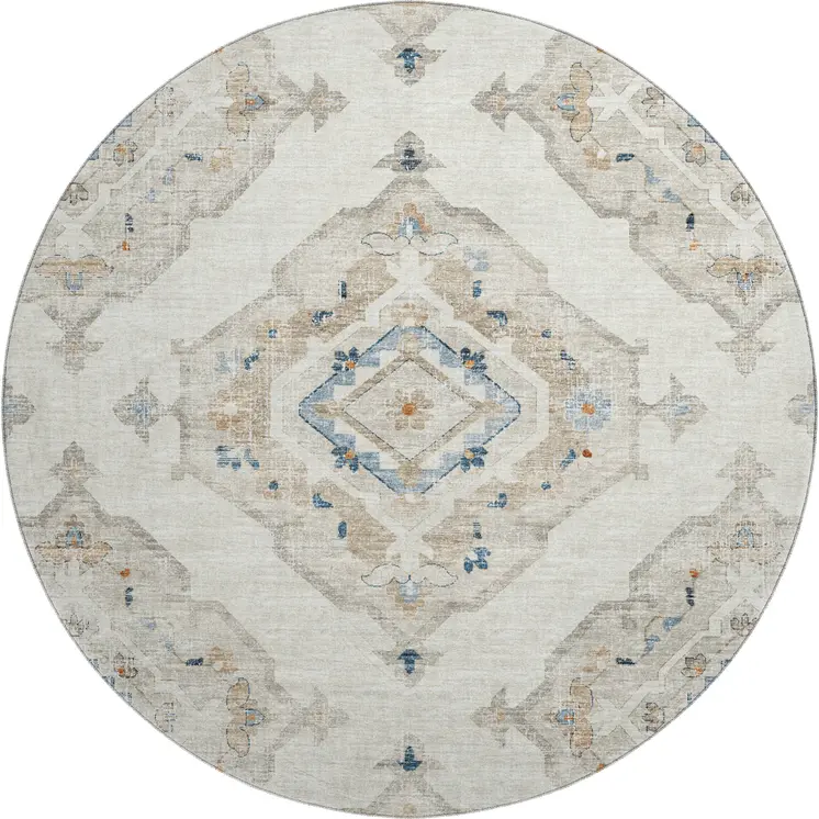 8' Linen Ivory And Blue Tribal Washable Round Rug With UV Protection
