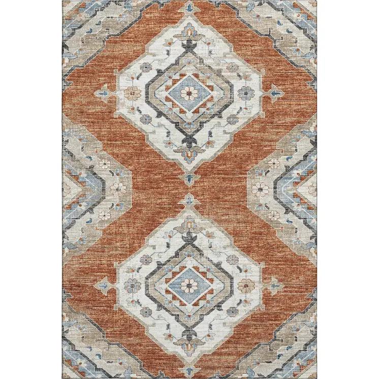 10' X 14' Terra Cotta Ivory And Blue Tribal Washable Area Rug With UV Protection