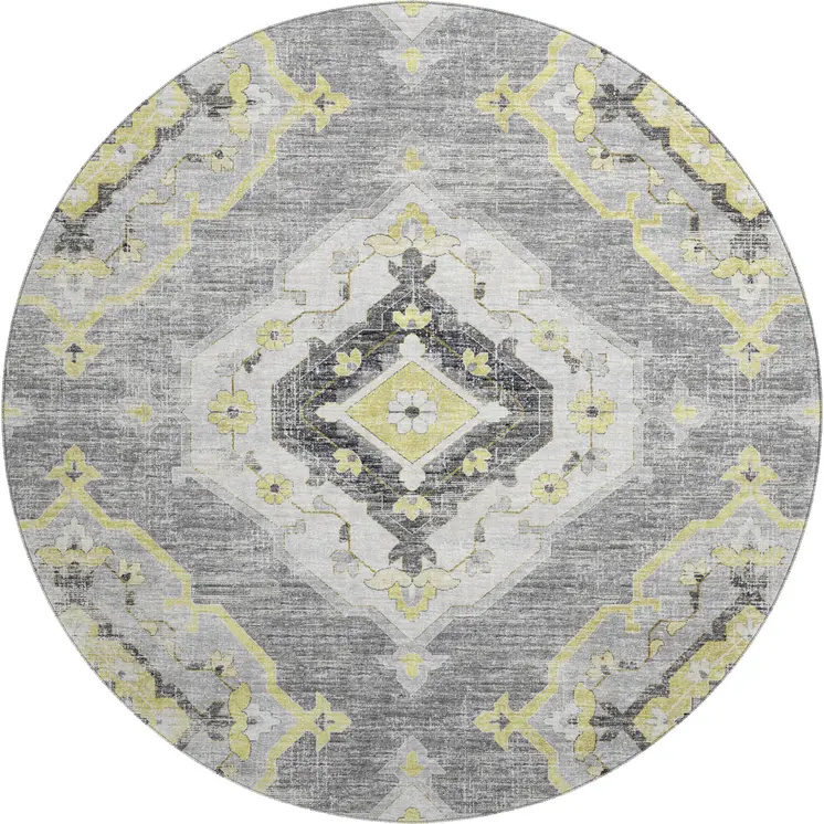 8' Silver Gold And Gray Tribal Washable Round Rug With UV Protection