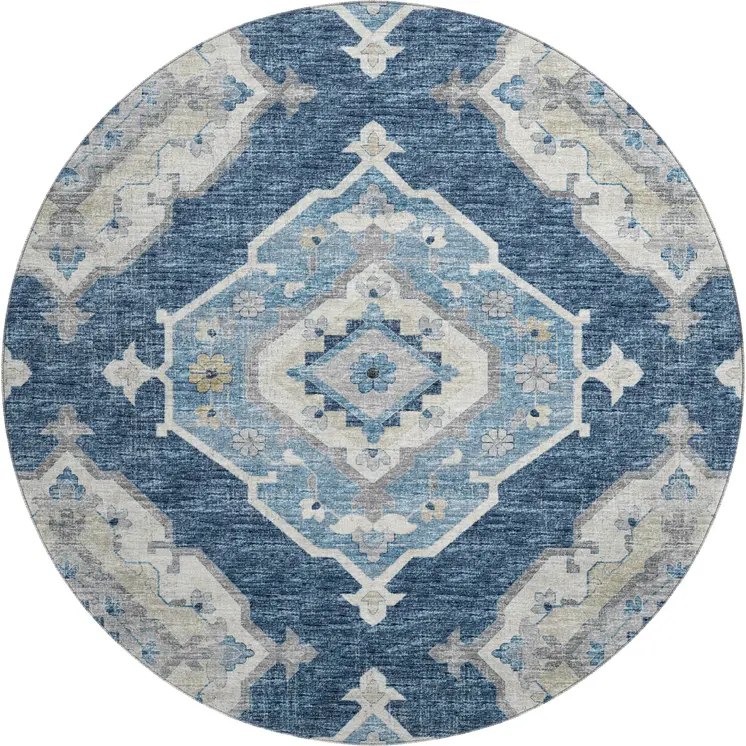 8' Blue And Ivory Tribal Washable Round Rug With UV Protection