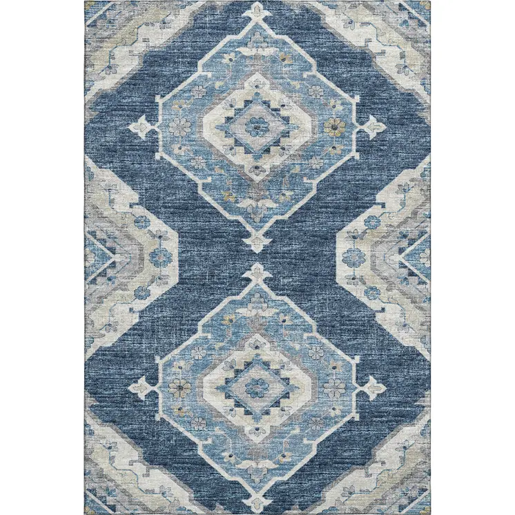 10' X 14' Blue And Ivory Tribal Washable Area Rug With UV Protection