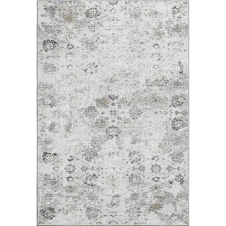 5' X 8' Light Gray And Charcoal Floral Medallion Washable Area Rug With UV Protection