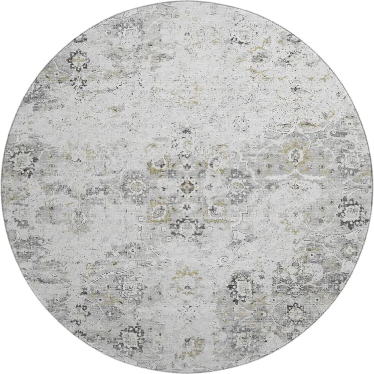 8' Light Gray And Charcoal Floral Medallion Washable Round Rug With UV Protection