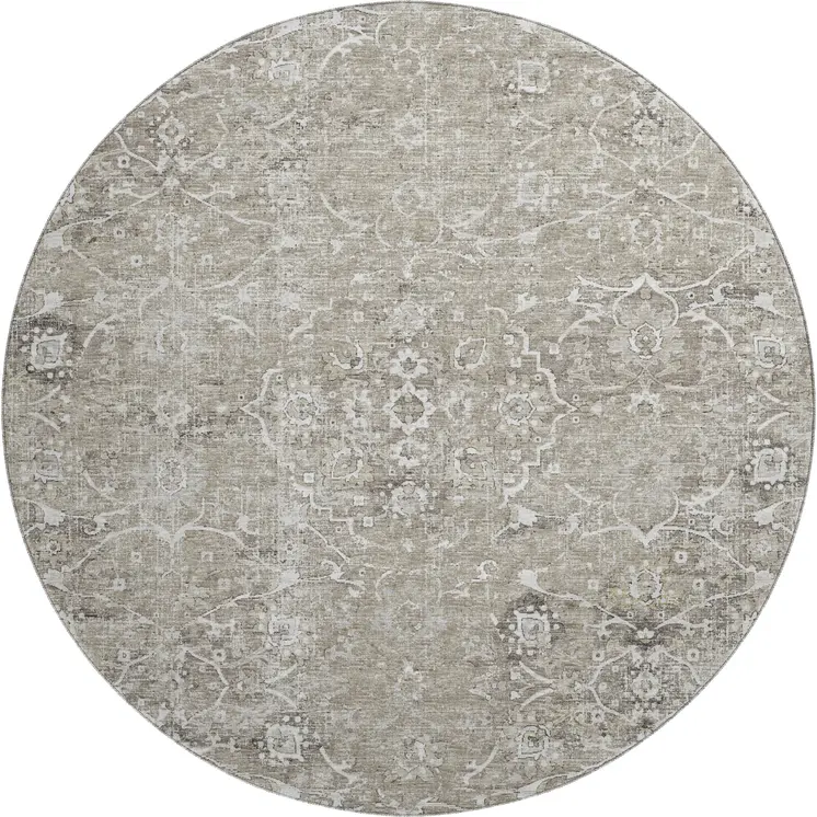8' Stone And Coffee Floral Medallion Washable Round Rug With UV Protection