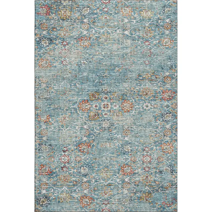 3' X 5' Blue Orange And Gold Floral Medallion Washable Area Rug With UV Protection