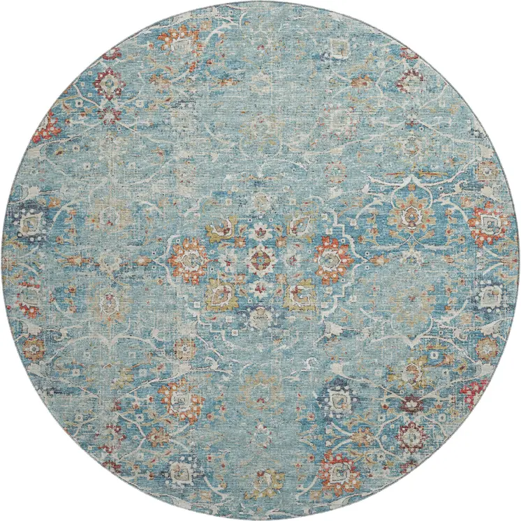 8' Blue Orange And Gold Floral Medallion Washable Round Rug With UV Protection