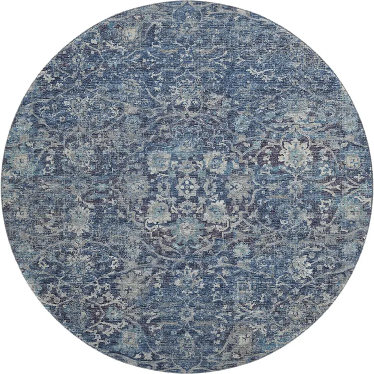 8' Blue And Gray Floral Medallion Washable Round Rug With UV Protection