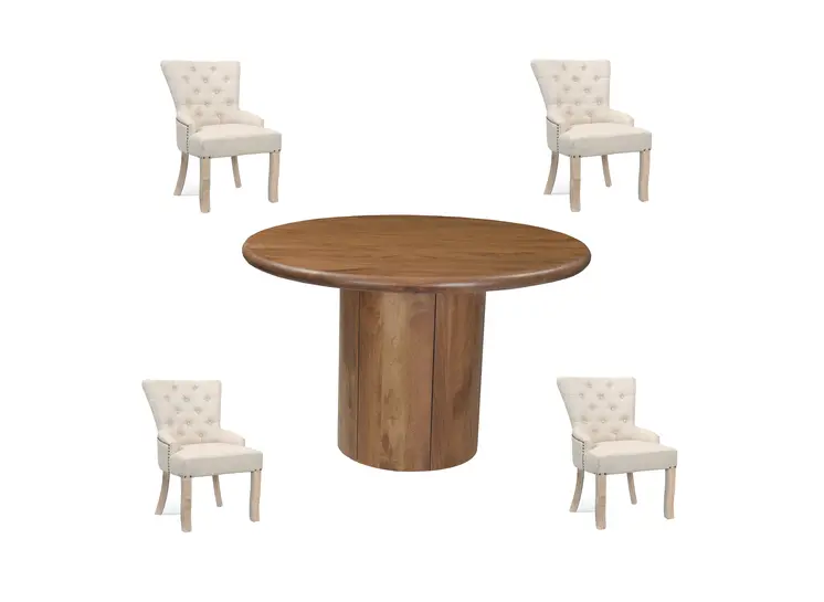 Five Piece Brown Round Solid Wood Dining Set with Four Chairs