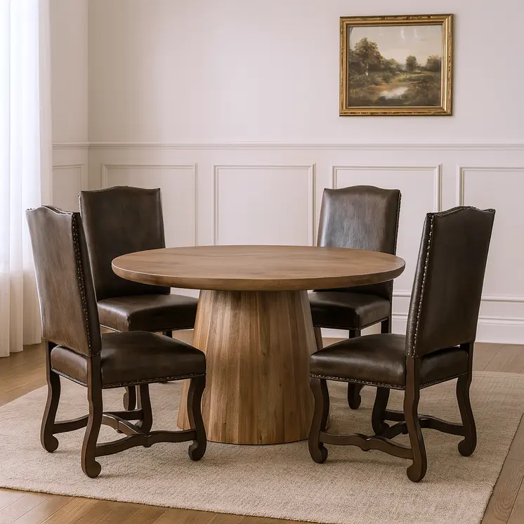 Five Piece Brown Round Solid Wood Dining Set with Four Chairs