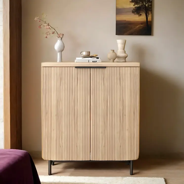 35" Oak Wood Textured Door Accent Cabinet With Two Doors