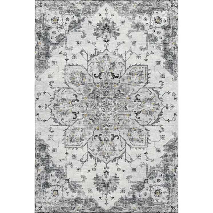 3' X 5' Light Gray Ivory And Gold Floral Medallion Washable Area Rug With UV Protection