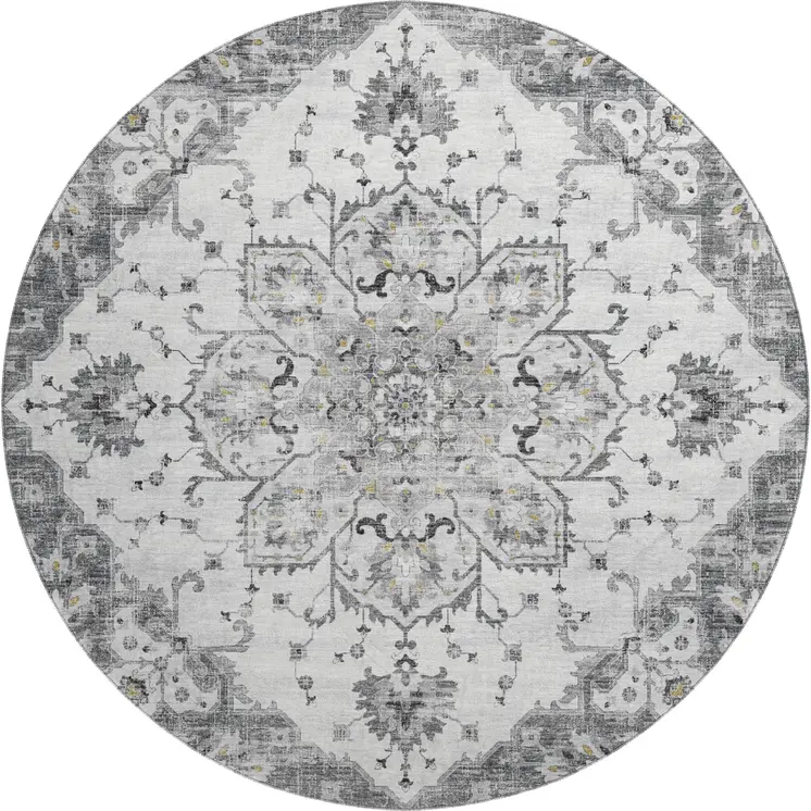8' Light Gray Ivory And Gold Floral Medallion Washable Round Rug With UV Protection