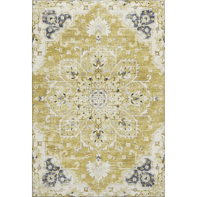 9' X 12' Gold Ivory And Blue Floral Medallion Washable Area Rug With UV Protection