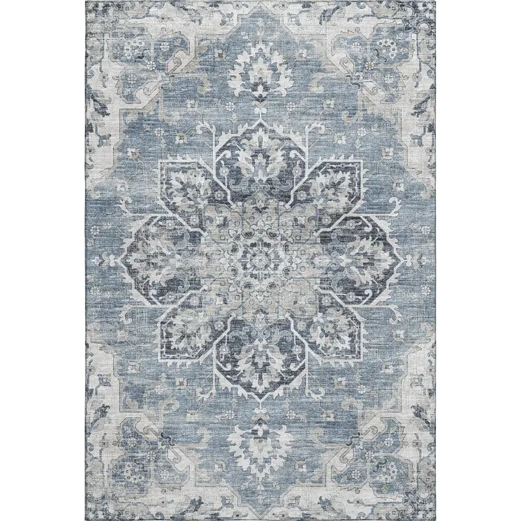 3' X 5' Blue Ivory And Gray Floral Medallion Washable Area Rug With UV Protection