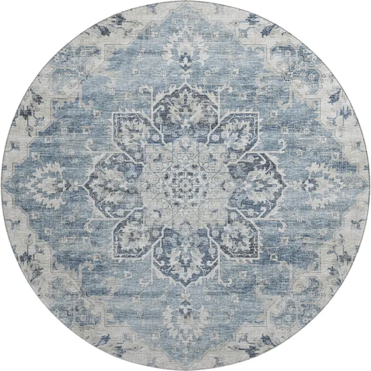 8' Blue Ivory And Gray Floral Medallion Washable Round Rug With UV Protection