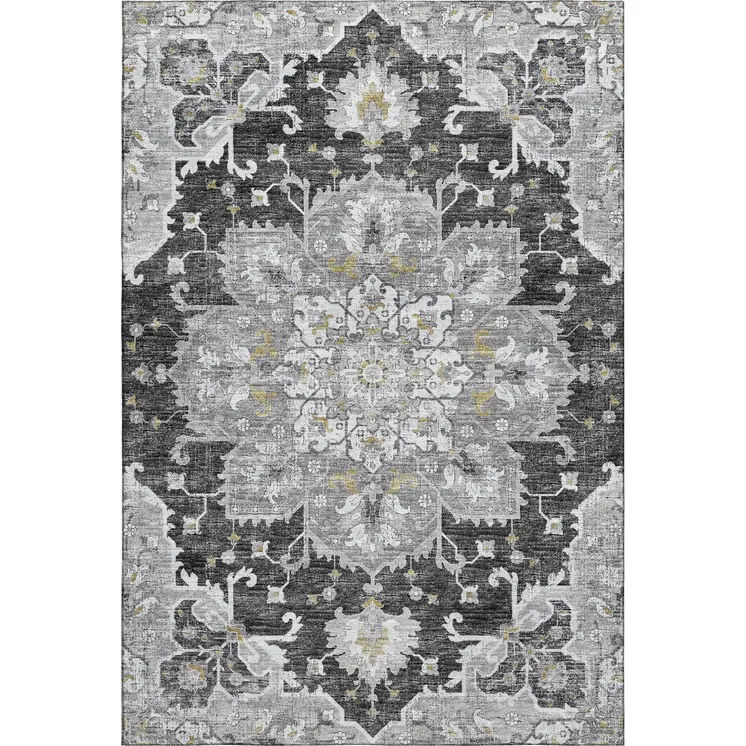 10' X 14' Graphite Gold And Charcoal Floral Medallion Washable Area Rug With UV Protection