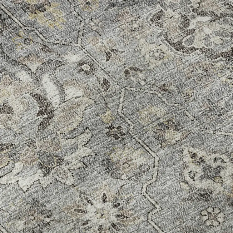 9' X 12' Ash Gray Brown And Ivory Floral Medallion Washable Area Rug With UV Protection