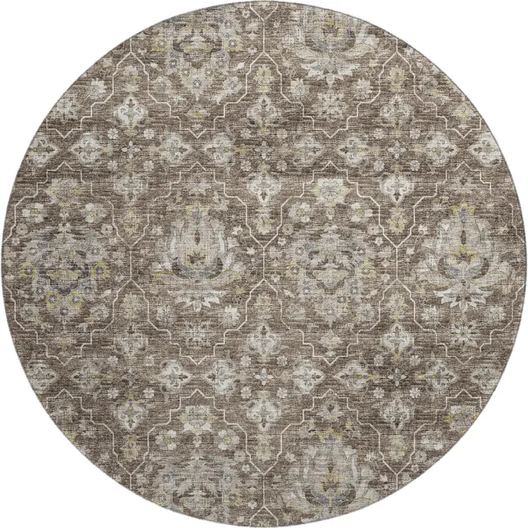 8' Taupe Ivory And Gold Floral Medallion Washable Round Rug With UV Protection