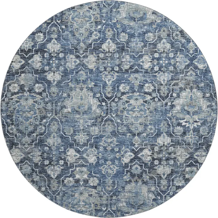 8' Blue And Ivory Floral Medallion Washable Round Rug With UV Protection