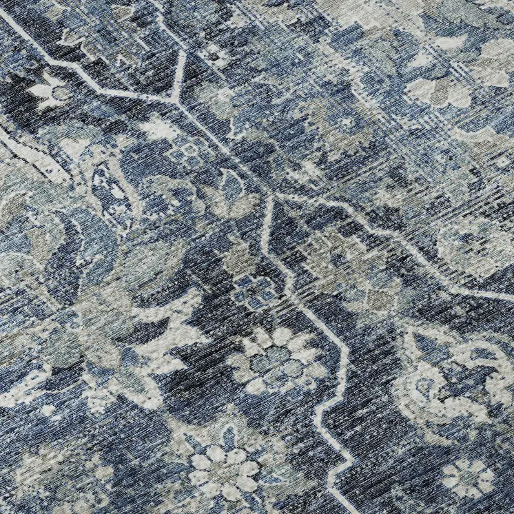 8' X 10' Blue And Ivory Floral Medallion Washable Area Rug With UV Protection