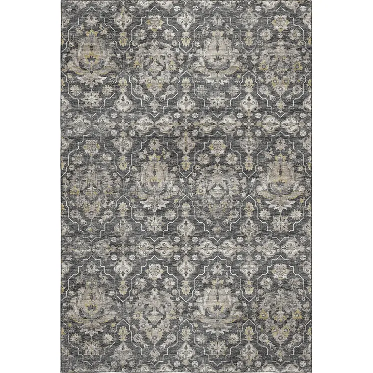 8' X 10' Graphite Ivory And Gold Floral Medallion Washable Area Rug With UV Protection
