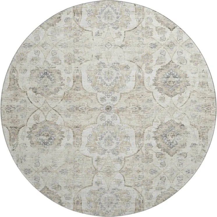 8' Linen And Ivory Floral Medallion Washable Round Rug With UV Protection