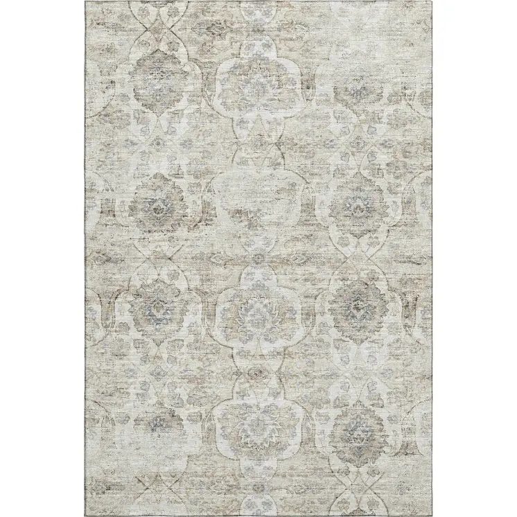 9' X 12' Linen And Ivory Floral Medallion Washable Area Rug With UV Protection