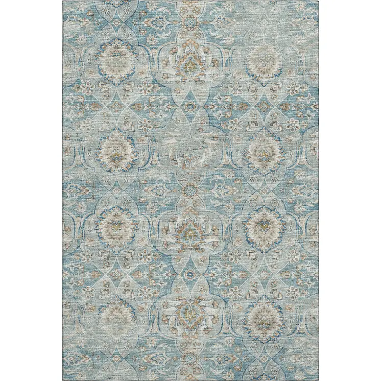 5' X 8' Persian Blue Coffee And Ivory Floral Medallion Washable Area Rug With UV Protection