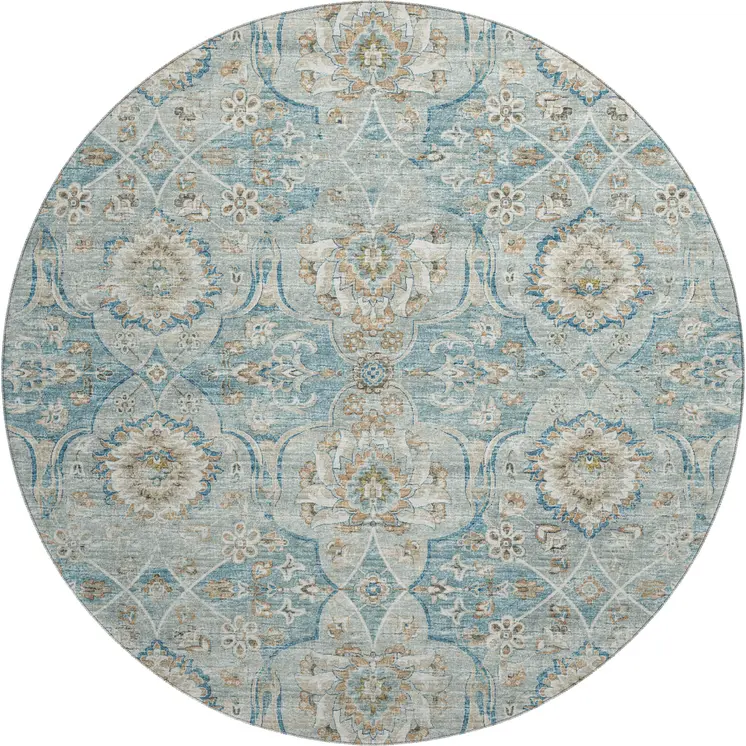 8' Persian Blue Coffee And Ivory Floral Medallion Washable Round Rug With UV Protection