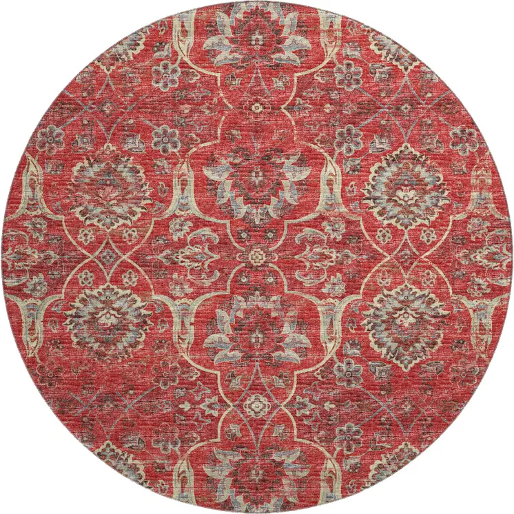 8' Red And Beige Floral Medallion Washable Round Rug With UV Protection