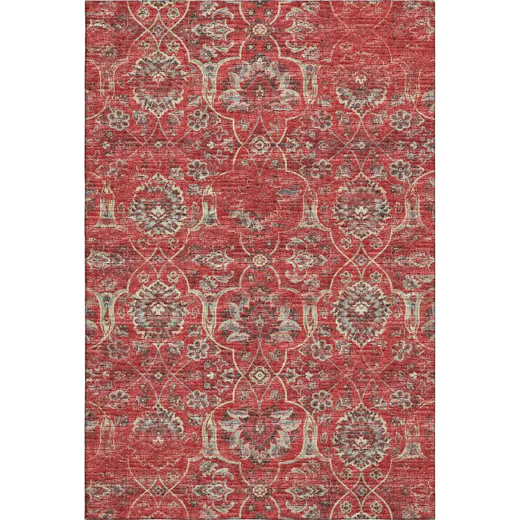 10' X 14' Red And Beige Floral Medallion Washable Area Rug With UV Protection