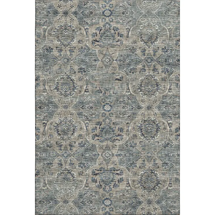 5' X 8' Denim Blue And Gray Floral Medallion Washable Area Rug With UV Protection